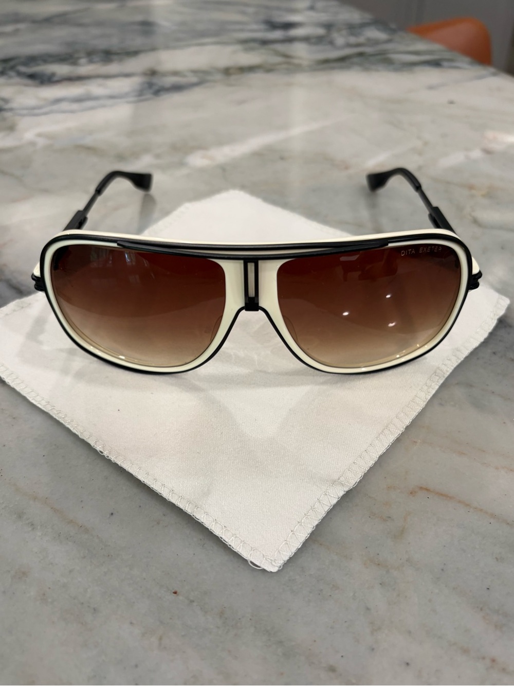 DITA “Exeter”Men's White and Black Aviator Sunglasses with Brown Gradient Lenses